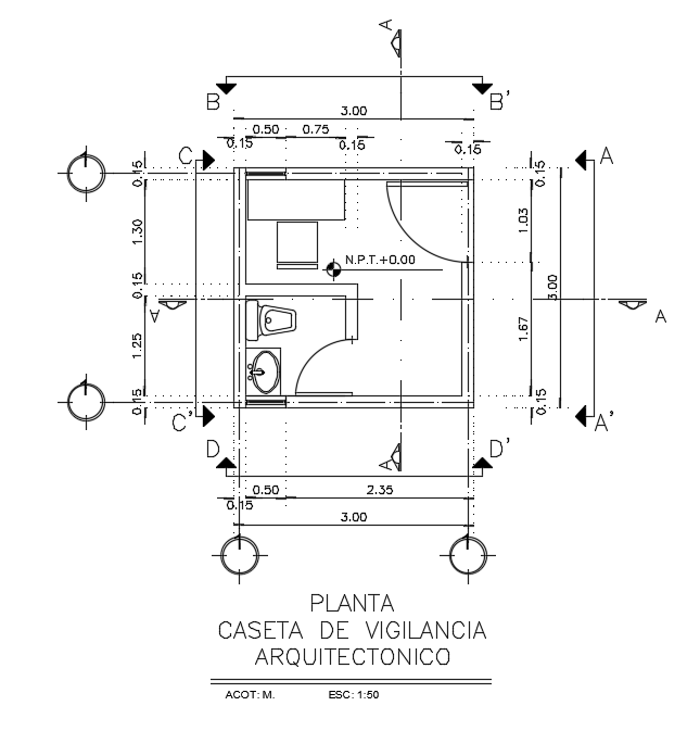 Small toilet room floor plan and section details are given. Download the Autocad file now.