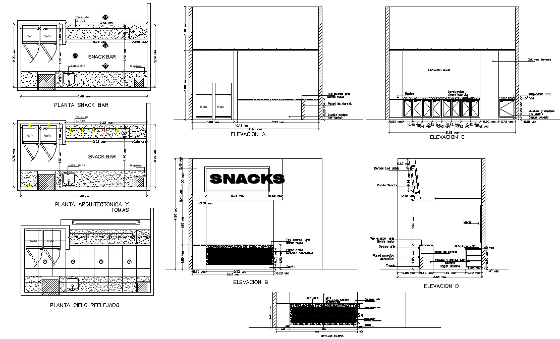 Snacks bar plan and elevation detail autocad file