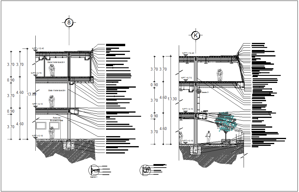 Social center crane cuts view dwg file