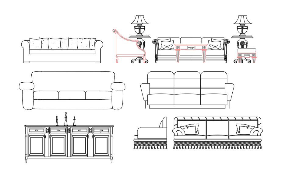 Sofa Set Elevation Drawing DWG File for Room Furniture