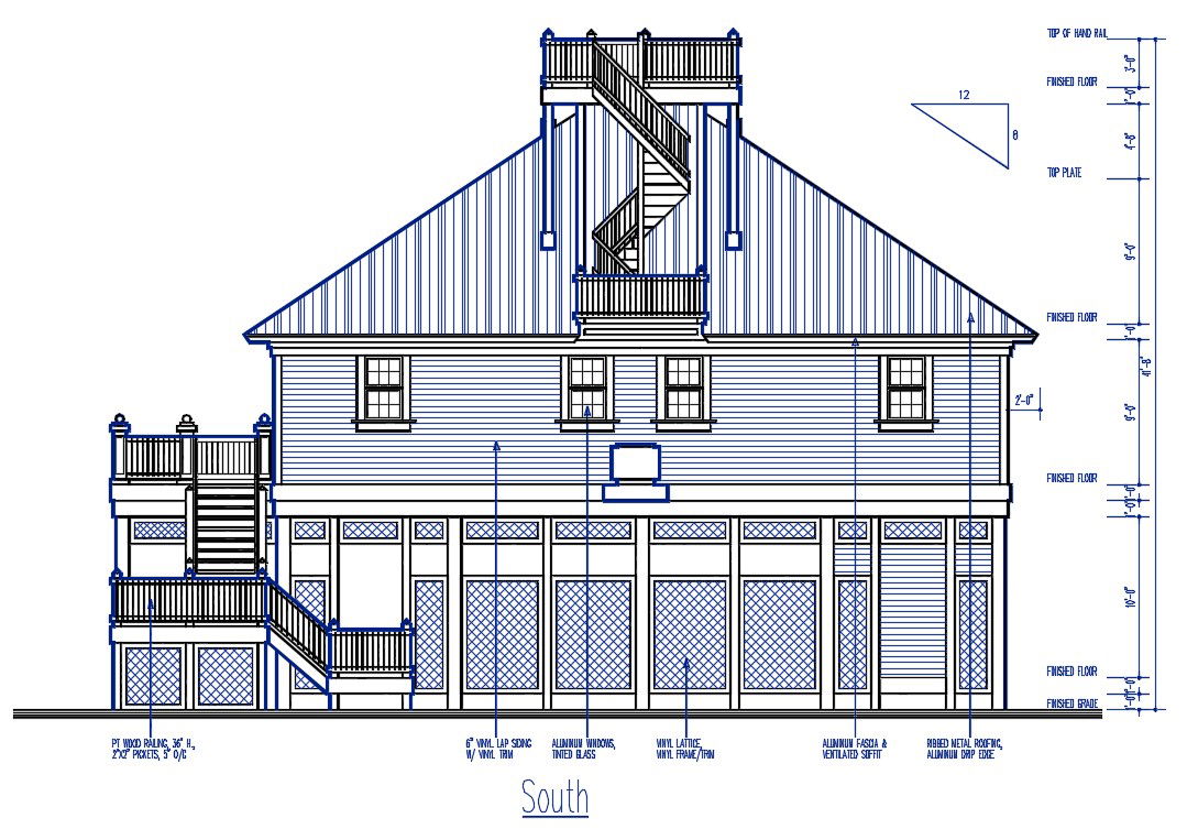 South Side Elevation Of Huge Bungalow With Floor Dimension AutoCAD File