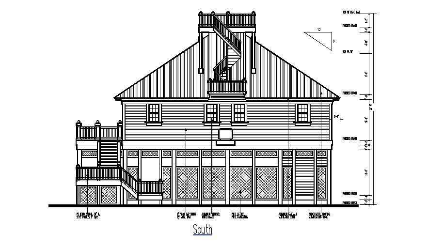 South elevation of traditional three level house dwg file