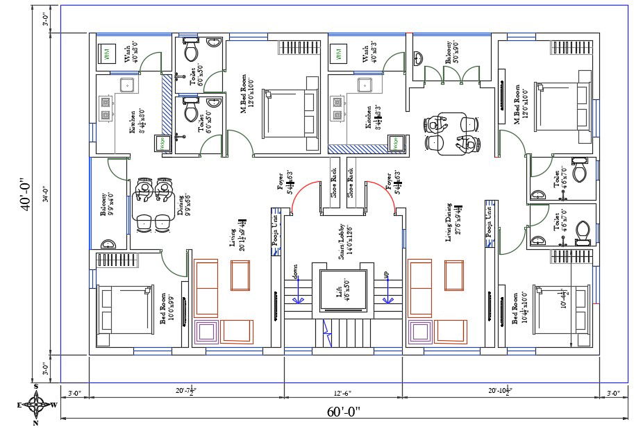 South Facing 2400 SQFT 2 BHK Apartment House Layout Plan DWG File