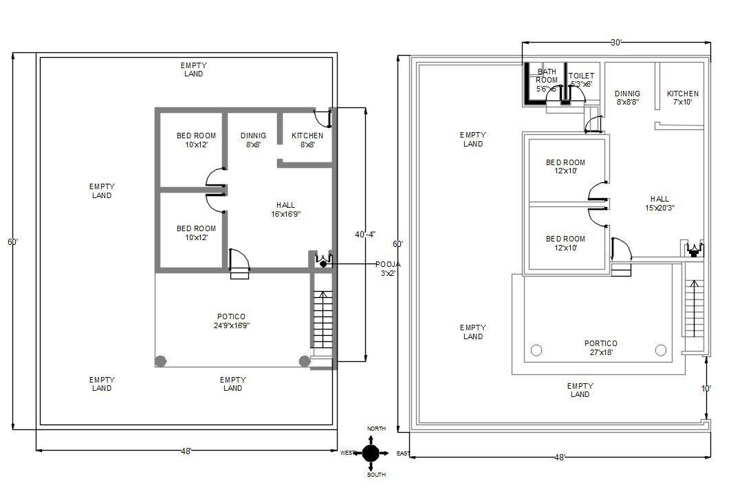 South Facing 2 BHK House Floor Plan AutoCAD Drawing DWG File