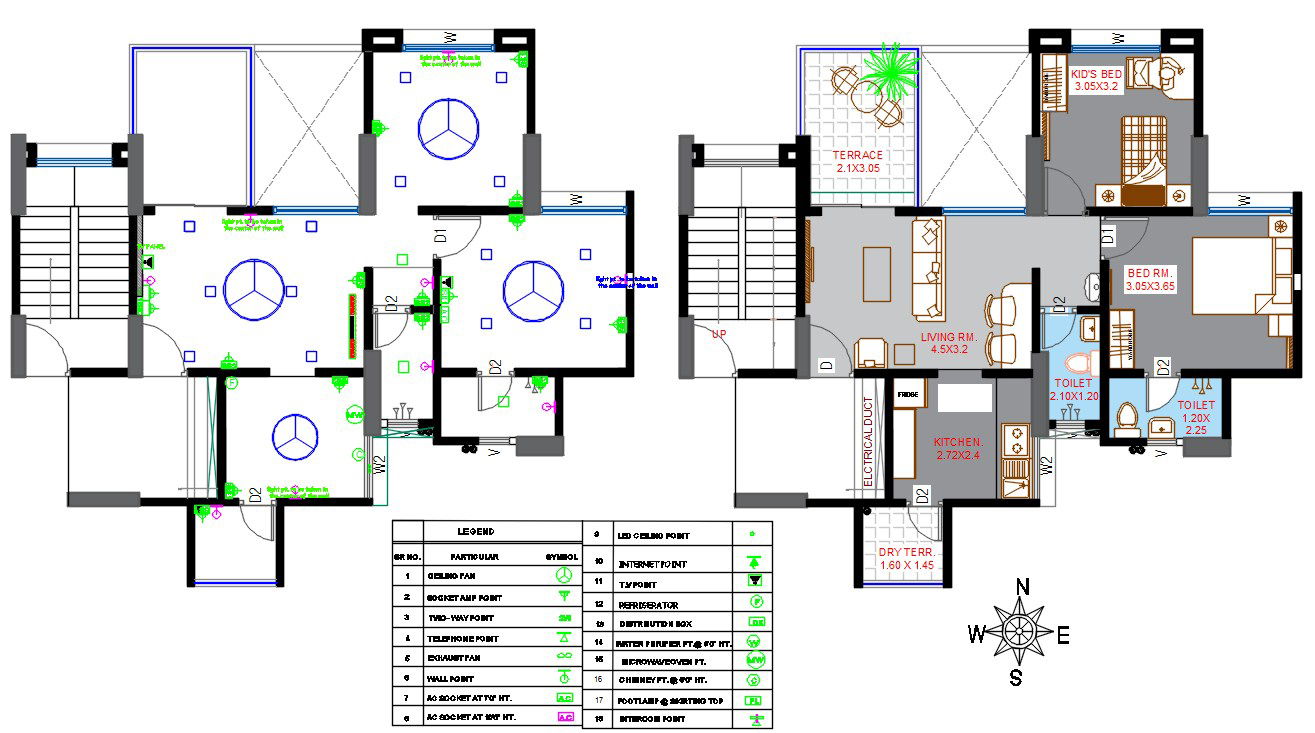 South Facing 2 BHK House Plan And Electrical Layout With Schedule AutoCAD File