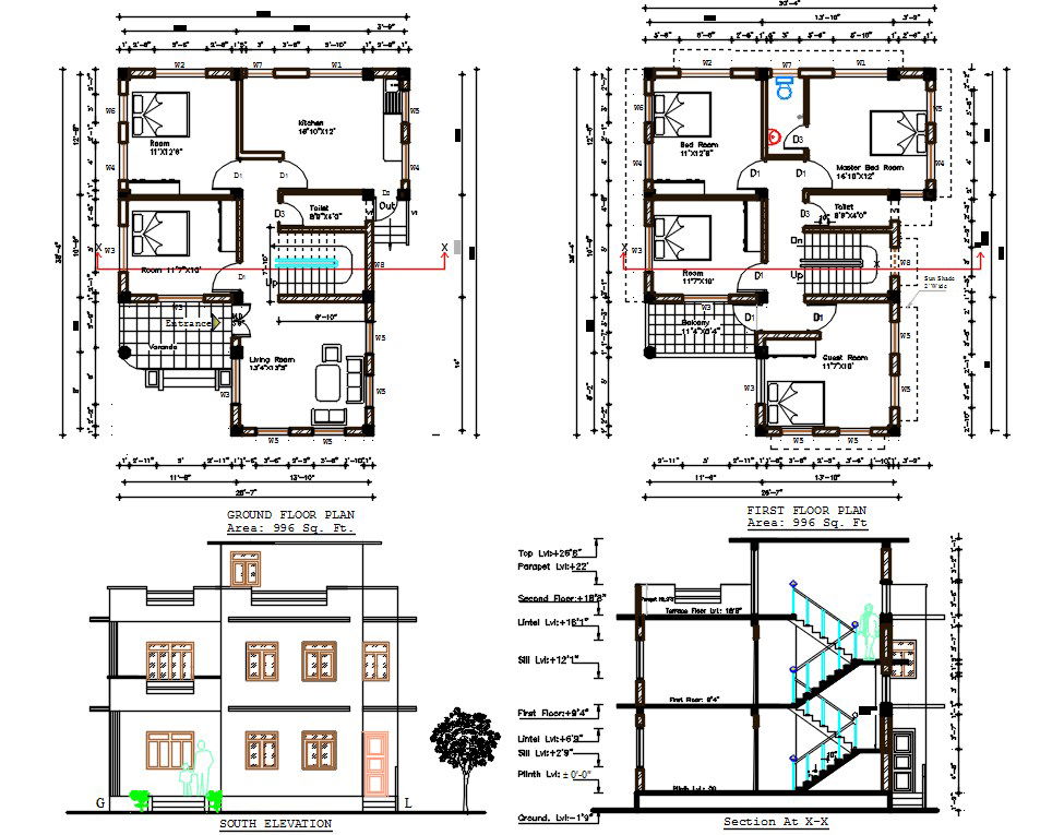 South Facing House Plan with Sectional View in DWG File
