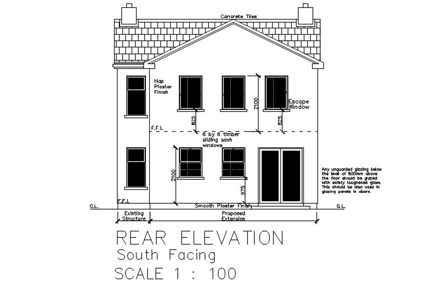 South Facing Elevation AutoCAD DWG Drawing Detailed View