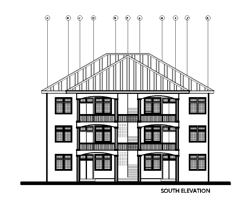 South elevation of 18x15m house plan of residential building is given in this Autocad drawing model. Download the Autocad file.