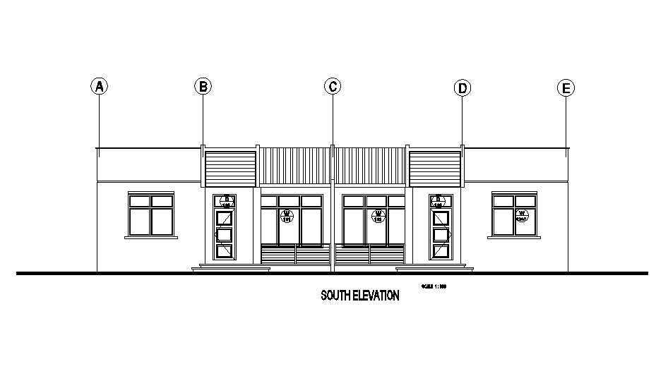 South elevation of 18x18m residential building plan is given in this Autocad drawing model. Download now.