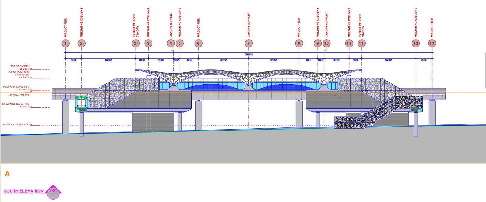 South elevation of metro station in AutoCAD 2D drawing, dwg file, CAD file