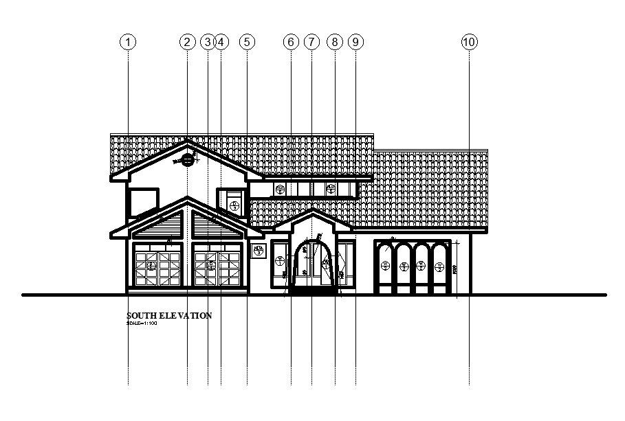 South elevation of the 20x18m house plan is presented in this Autocad 2D drawing file. Download the Autocad file.