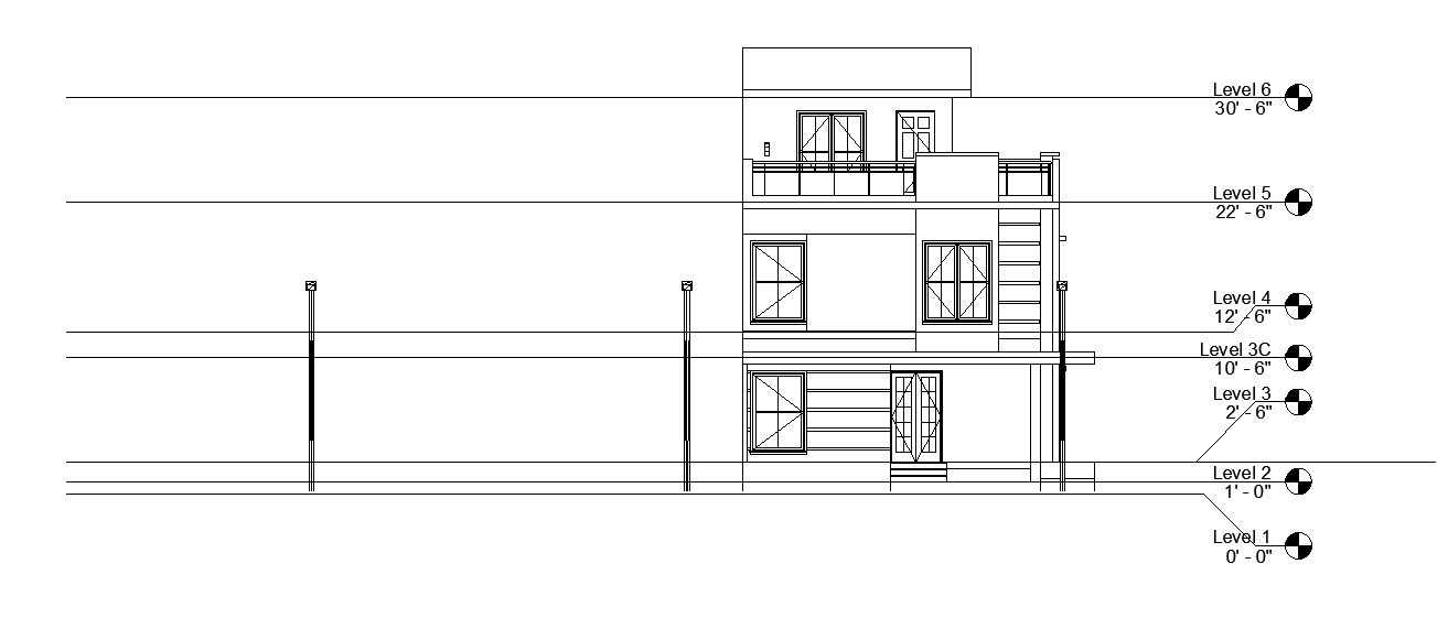 South face elevation of 27’x53’ East facing house plan is given as per vastu shastra in this Autocad drawing file.