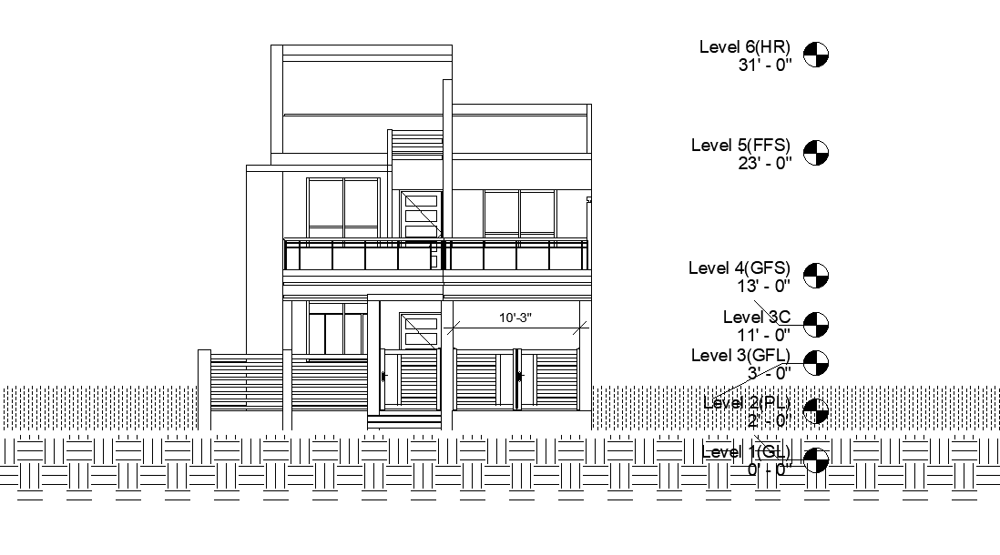 South face elevation of 32’x50’ East facing house plan is given as per vastu shastra in this Autocad drawing file.