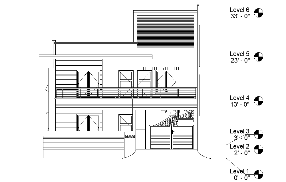 South face elevation of 36’x40’East facing house plan is given as per vastu shastra in this Autocad drawing file.Download now.