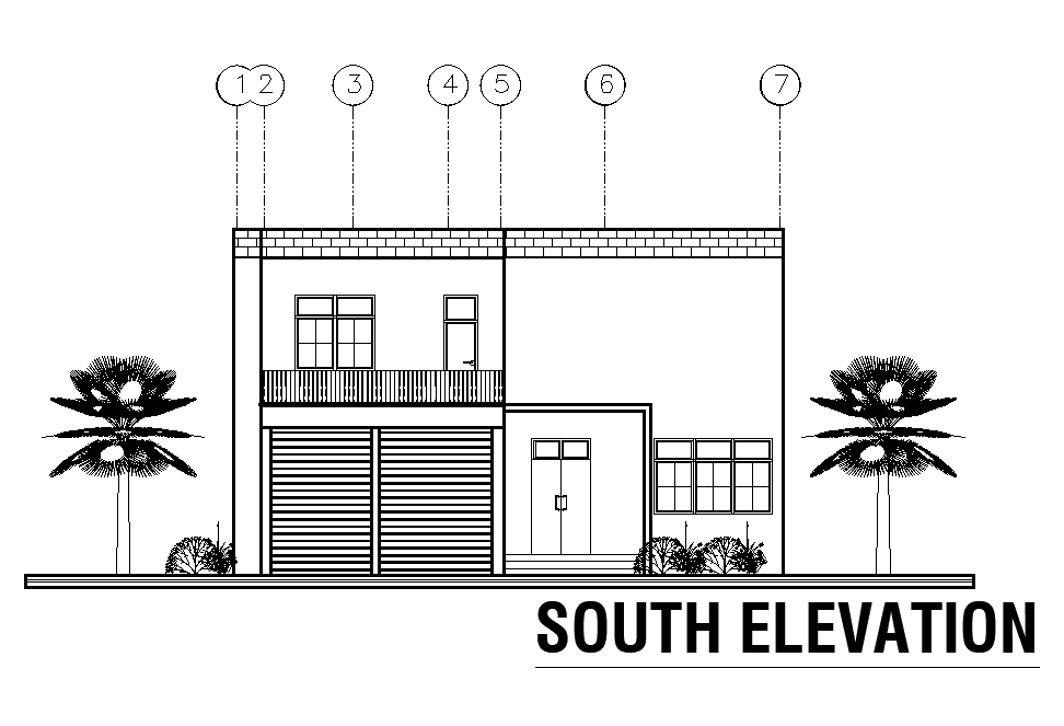 South side elevation of 12x18m house plan is given in this Autocad drawing file. Download now.