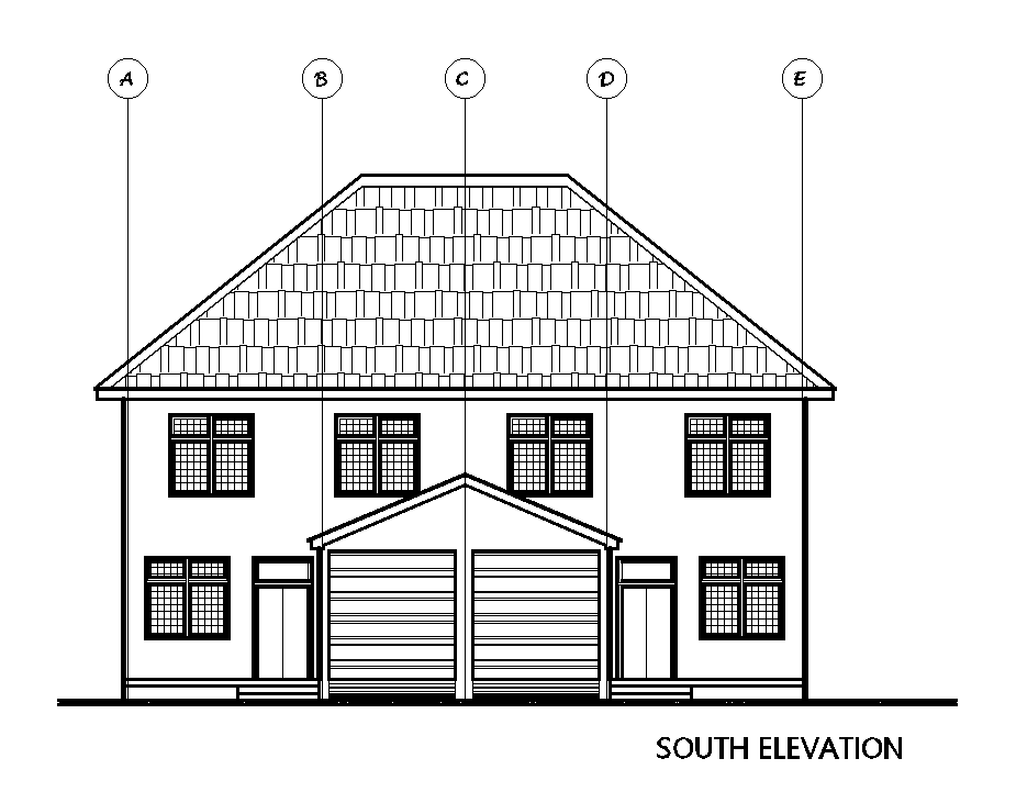 South side elevation of 15x14m duplex house plan is given in this Autocad drawing model. Download now.