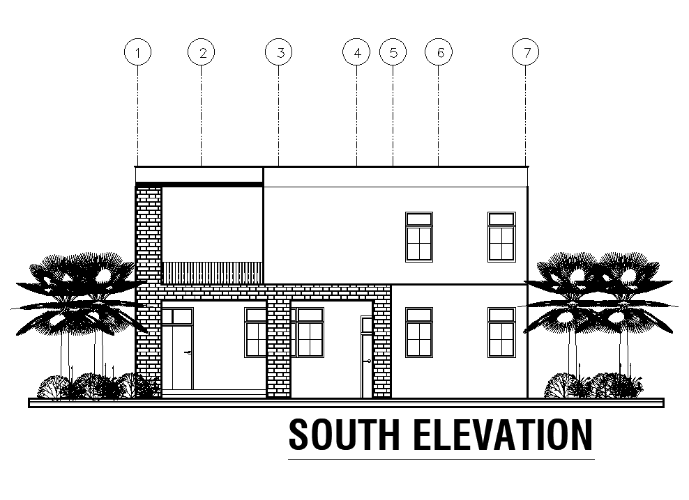 South side elevation of 15x17m house plan is given in this Autocad drawing file. Download now.