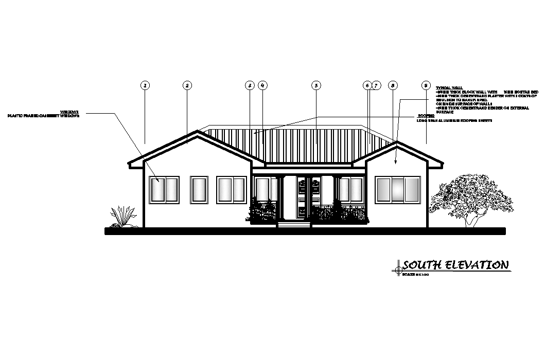 South side elevation of 16x10m house plan is given in this Autocad drawing file. Download now.