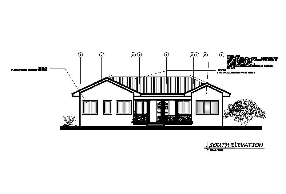 South side elevation of 17x10m house plan is given in this Autocad drawing file. Download now.
