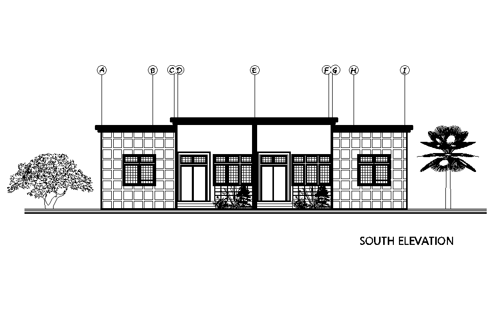 South side elevation of 18x20m twin house plan is given in this Autocad drawing file. Download now.
