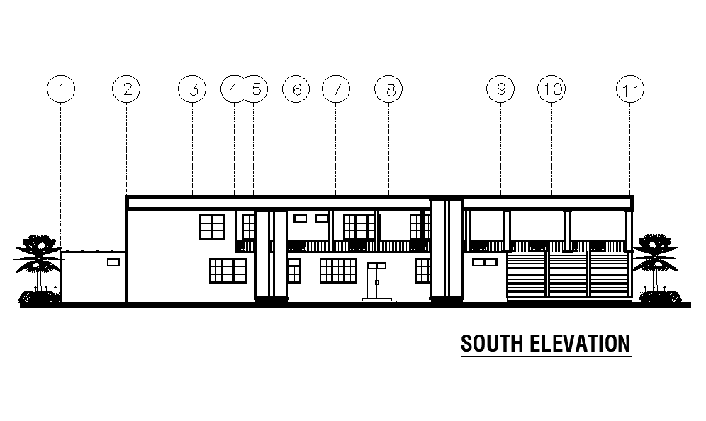 South side elevation of 40x26 house plan is given in this Autocad drawing file. Download now.