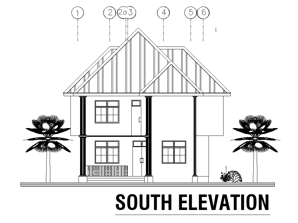 South side elevation of 9x12m residential plan is given in this Autocad drawing file.Download now.