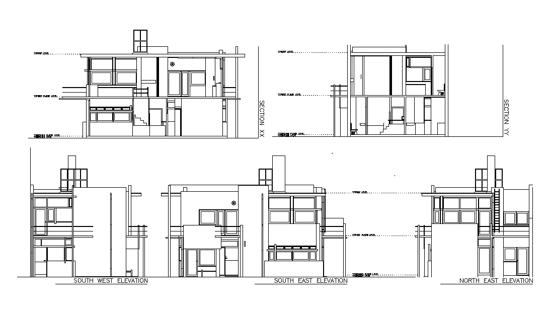 South west and south east elevation of the house building is given in this 2D Autocad DWG drawing file.Download the 2D Autocad DWG drawig file.