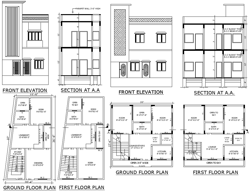 DWG 2-bedroom house design with full section detail