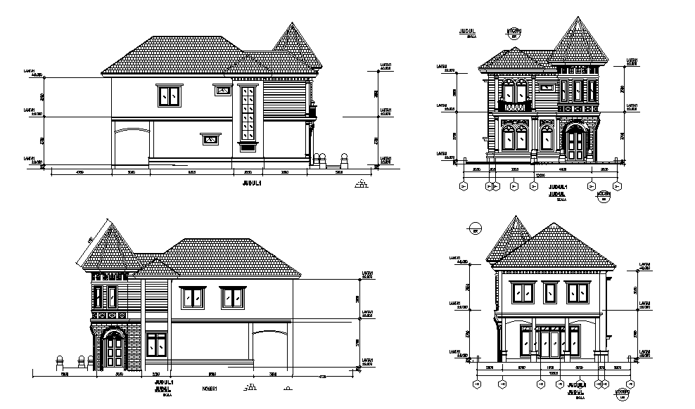 Span Roof House Building All Side Elevation Design Download DWG File