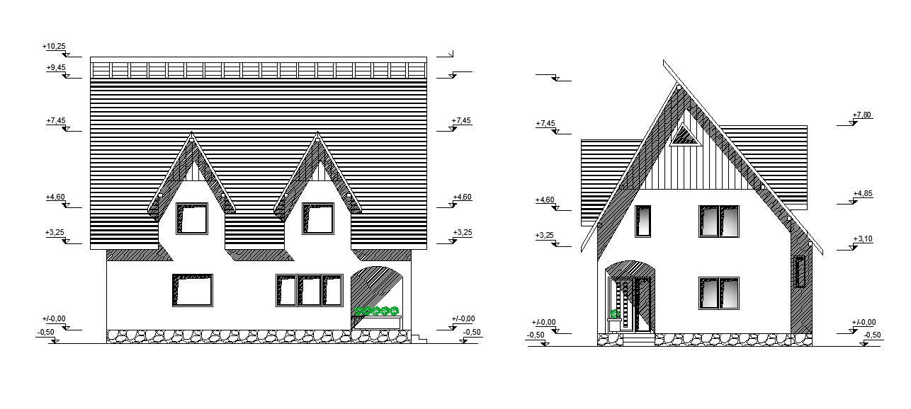Span Roof House Building Front And Side Elevation Design Download DWG File