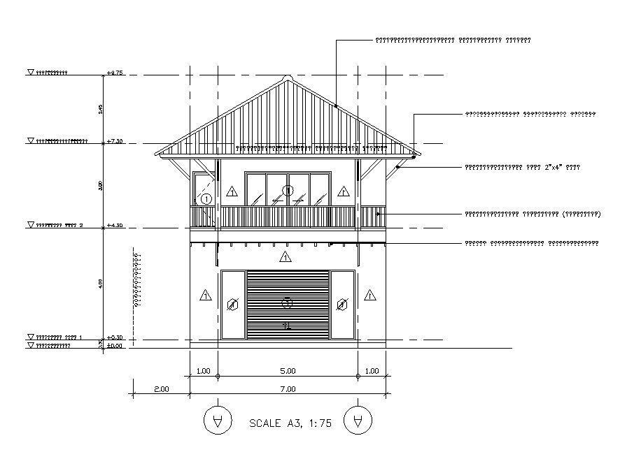 Span Roof House Building Front Elevation Design DWG File