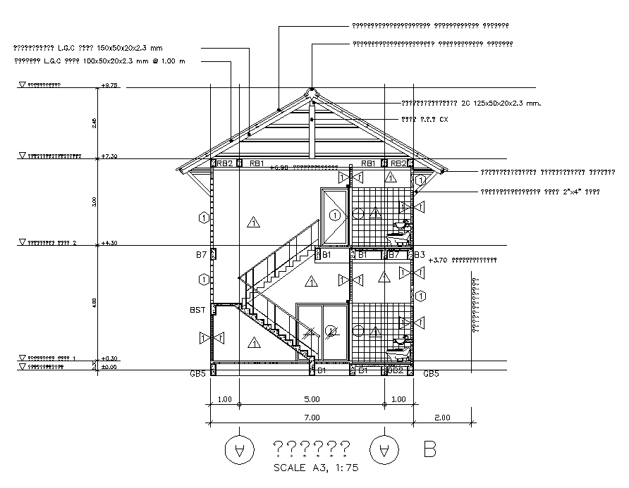 Span Roof House Building Front Section CAD Drawing Download DWG File