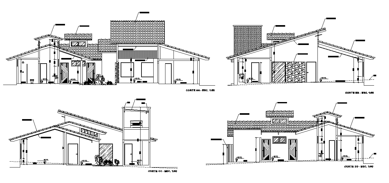 Span Roof House Building Section Drawing Download DWG File