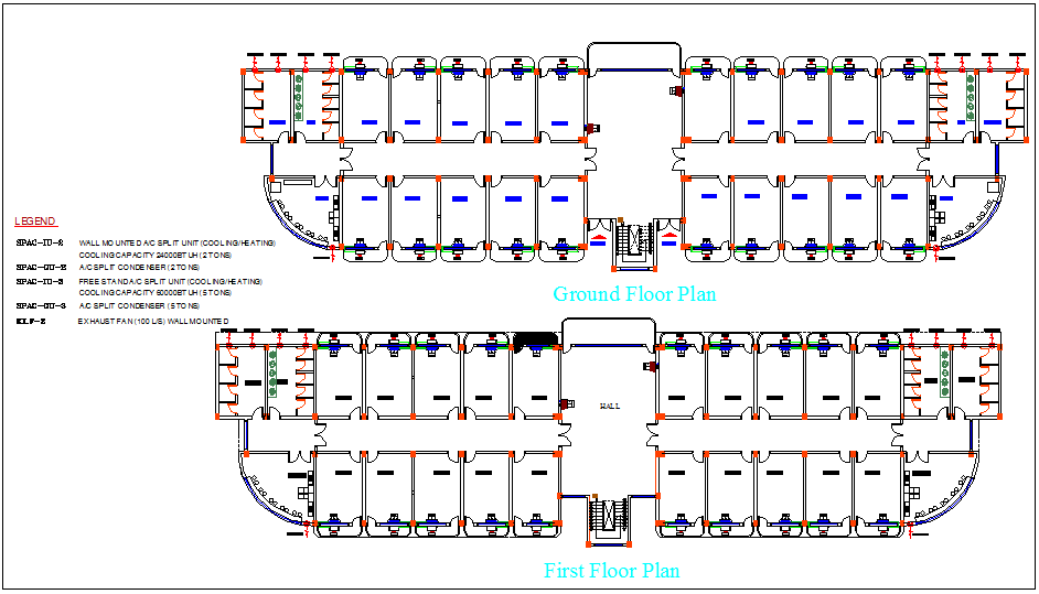 Split Ac line view of home ground floor and first floor dwg file