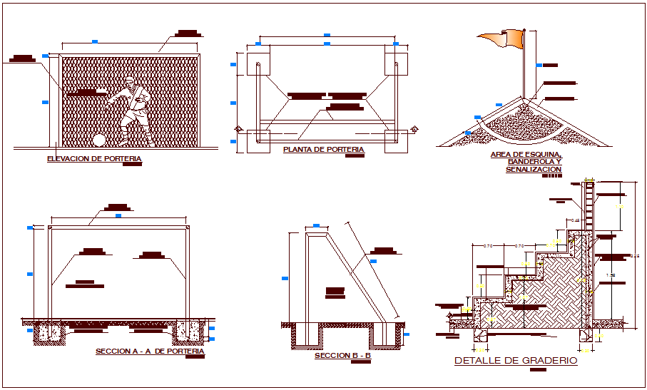 Sport center plan,elevation and section view with signaling view dwg file