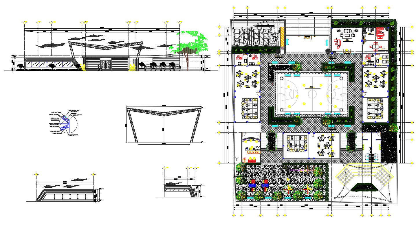 Sports Academy Planning With Front Elevation,And Working Drawing AutoCAD File