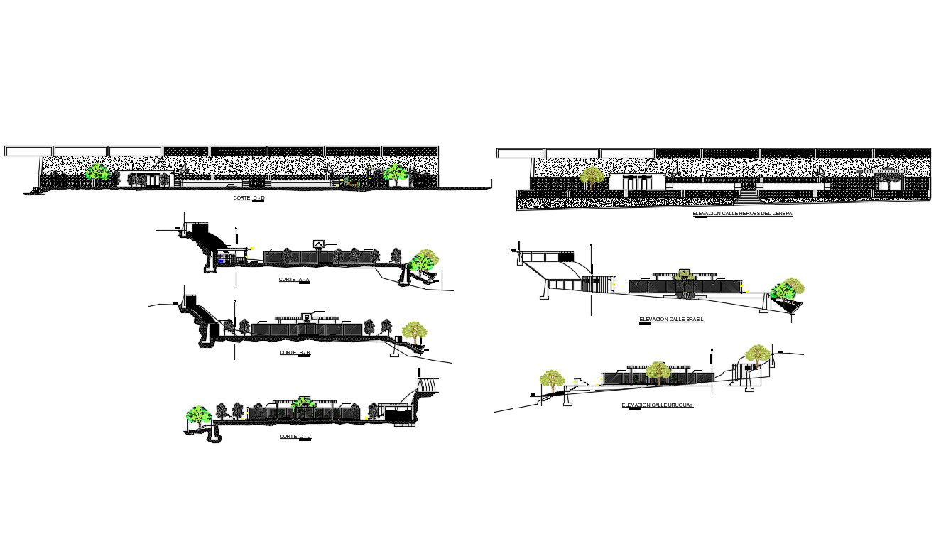 Sports center building all sided elevation and sectional details dwg file