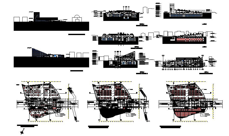Sports center building elevation, section and floor plan details dwg file