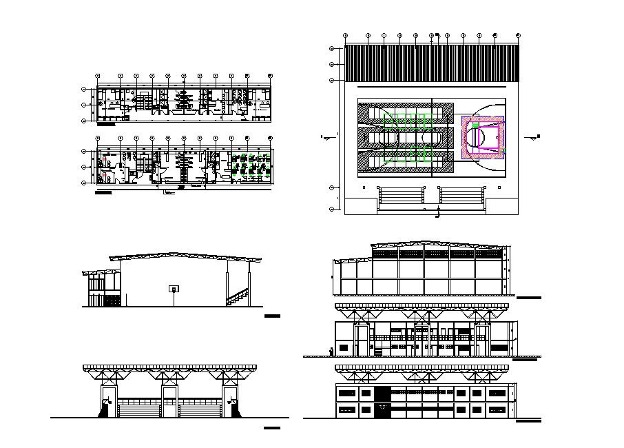Sports center elevation, section, floor plan cad drawing details dwg file