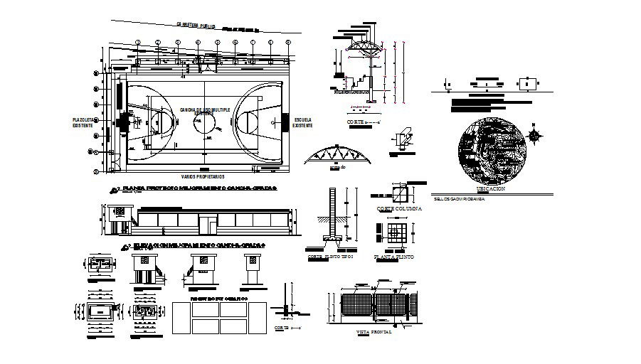 Sports center elevation, section, plan and landscaping structure details dwg file
