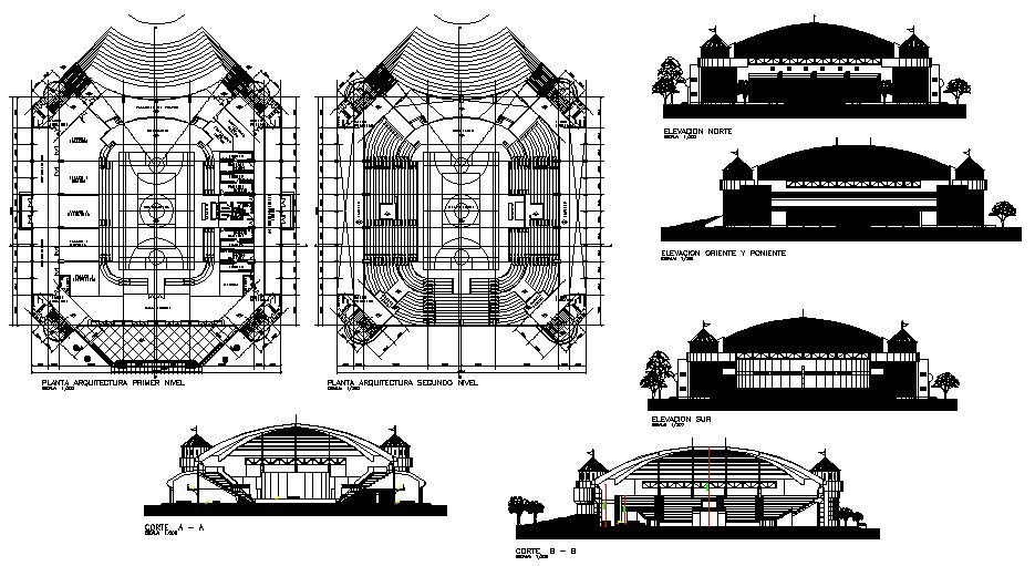 Sports center elevation, section and plan details dwg file