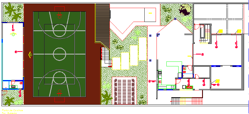 Sports center landscaping details with structure dwg file