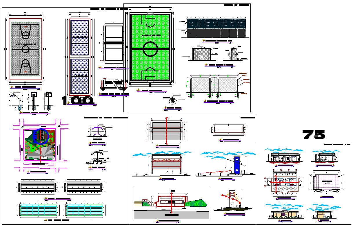 Sports club centre site plan detail view dwg file