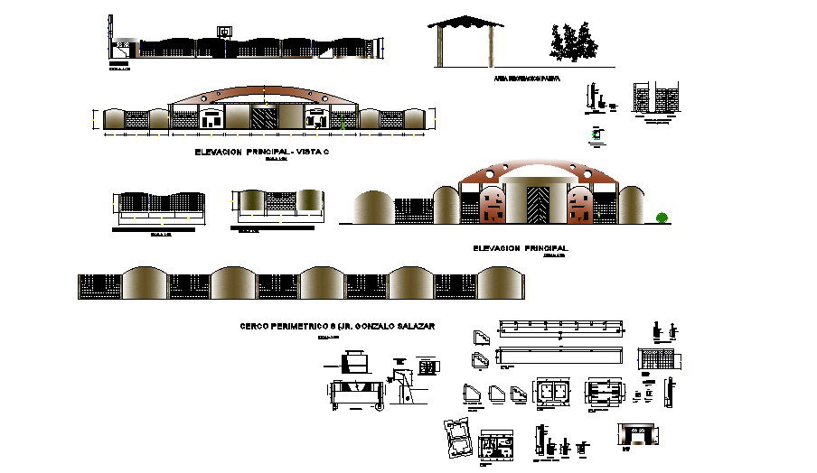 Sports ground park gate all sided elevation and auto-cad details dwg file