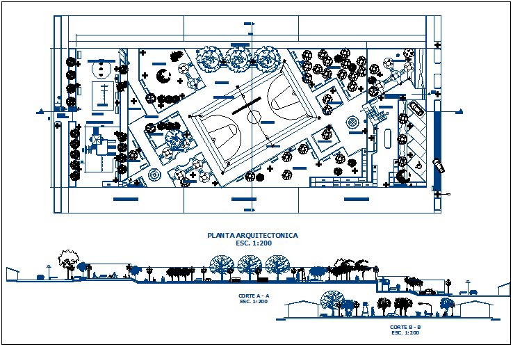 Sports ground with garden landscaping details dwg file
