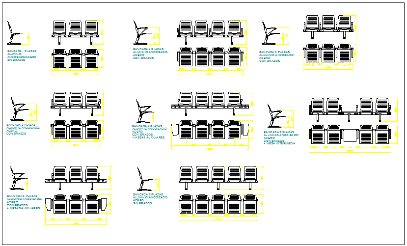 Square benches blocks details of garden dwg file