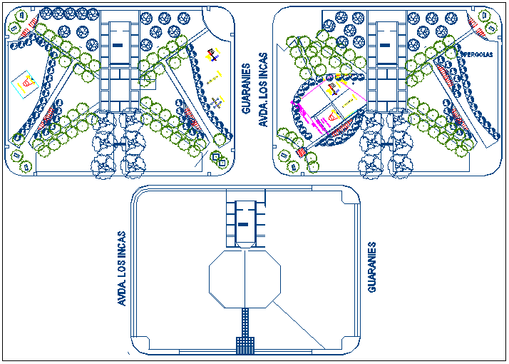 Square park landscaping and structure details dwg file