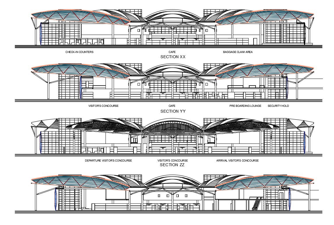 Stadium Sectional Elevation With Canopy Design AutoCAD Drawing File