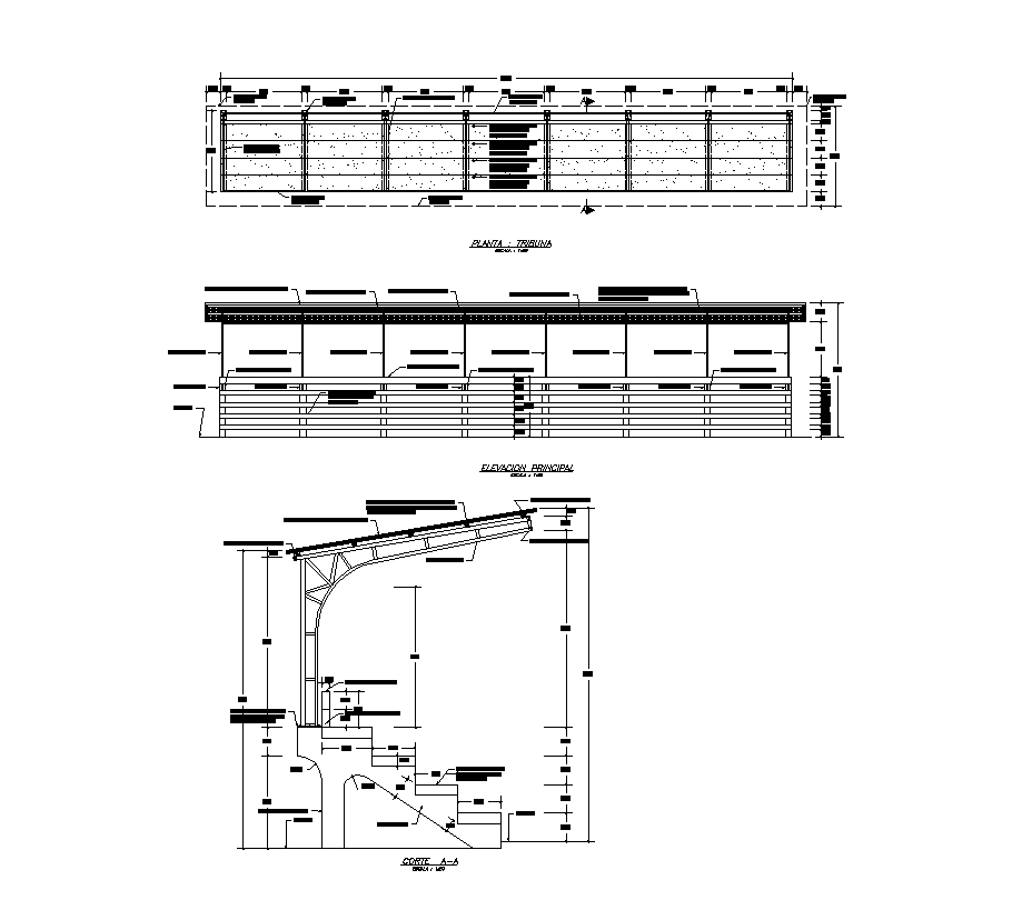 Stadium sitting arrangement detail elevation 2d view layout file