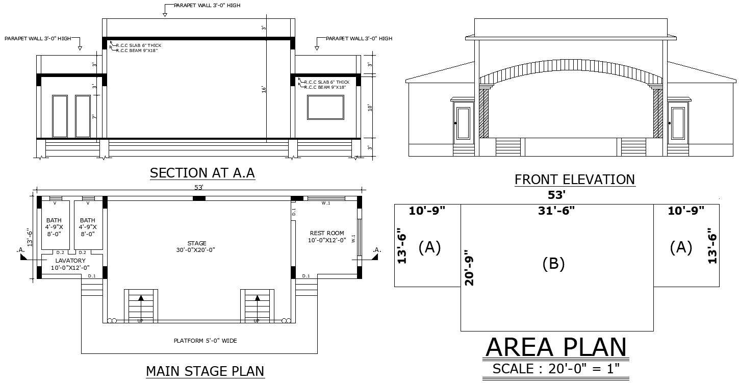 AutoCAD DWG Stage Layout with Sections, Elevation, and Design Details